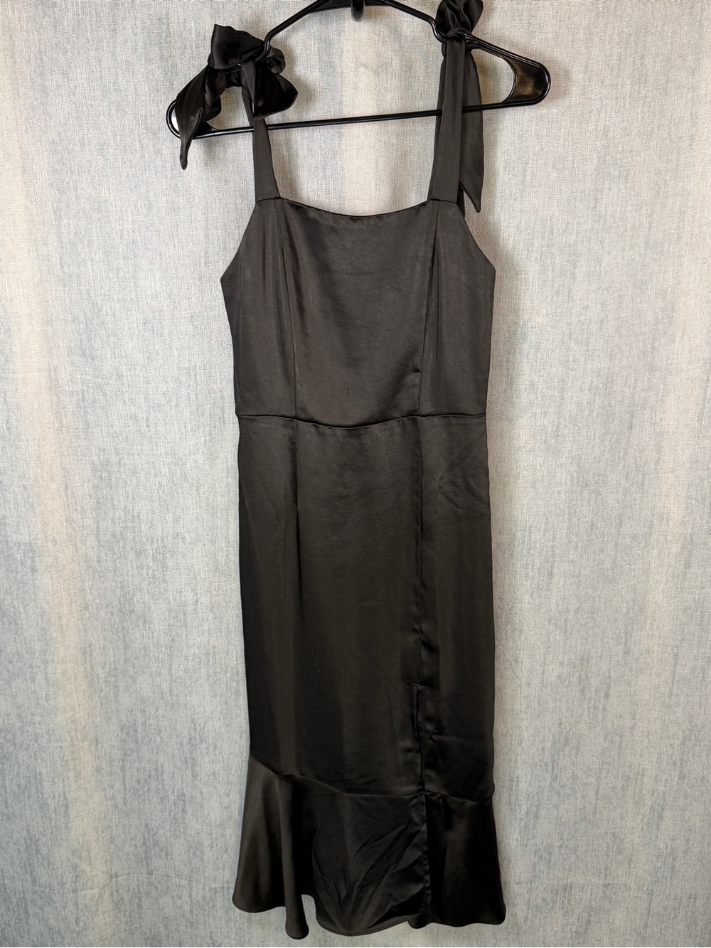 Skies Are Blue XS Black Satin Bow Strap Ruffle Hem Midi Dress Cocktail Wedding